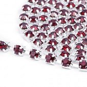 Цепь серебристая стразовая бордовая, 3.5 мм.