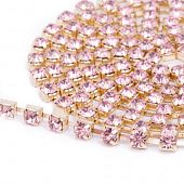 Цепь золотистая стразовая розовая, 3.5 мм.