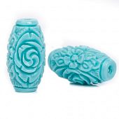 Коралл синтетический бирюзовый - бусина "Резной бочонок", 20x10 мм.